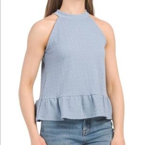 W5 Sz Large Blue Halter Peplum Tiered Hem Top Shirt Blouse